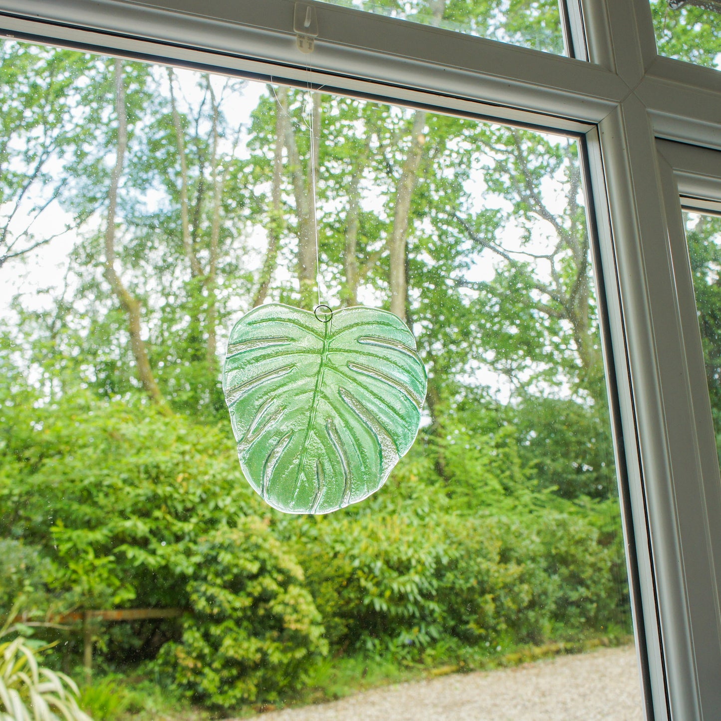 hanging ornament variegated monstera garden decor outdoor decor yard art glass Monstera Leaf Glass Sun catcher fused glass first home gift couples gift sea glass art green suncatcher botanical leaf print