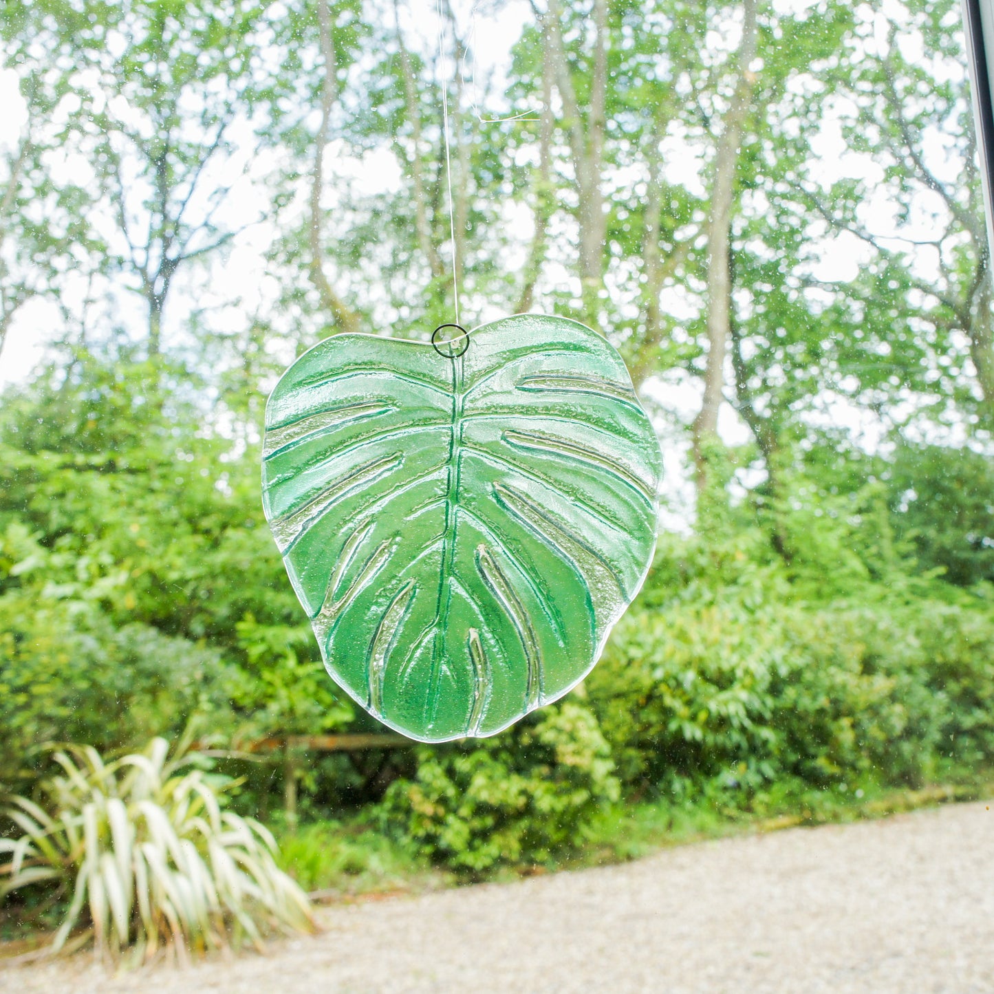 hanging ornament variegated monstera garden decor outdoor decor yard art glass Monstera Leaf Glass Sun catcher fused glass first home gift couples gift sea glass art green suncatcher botanical leaf print