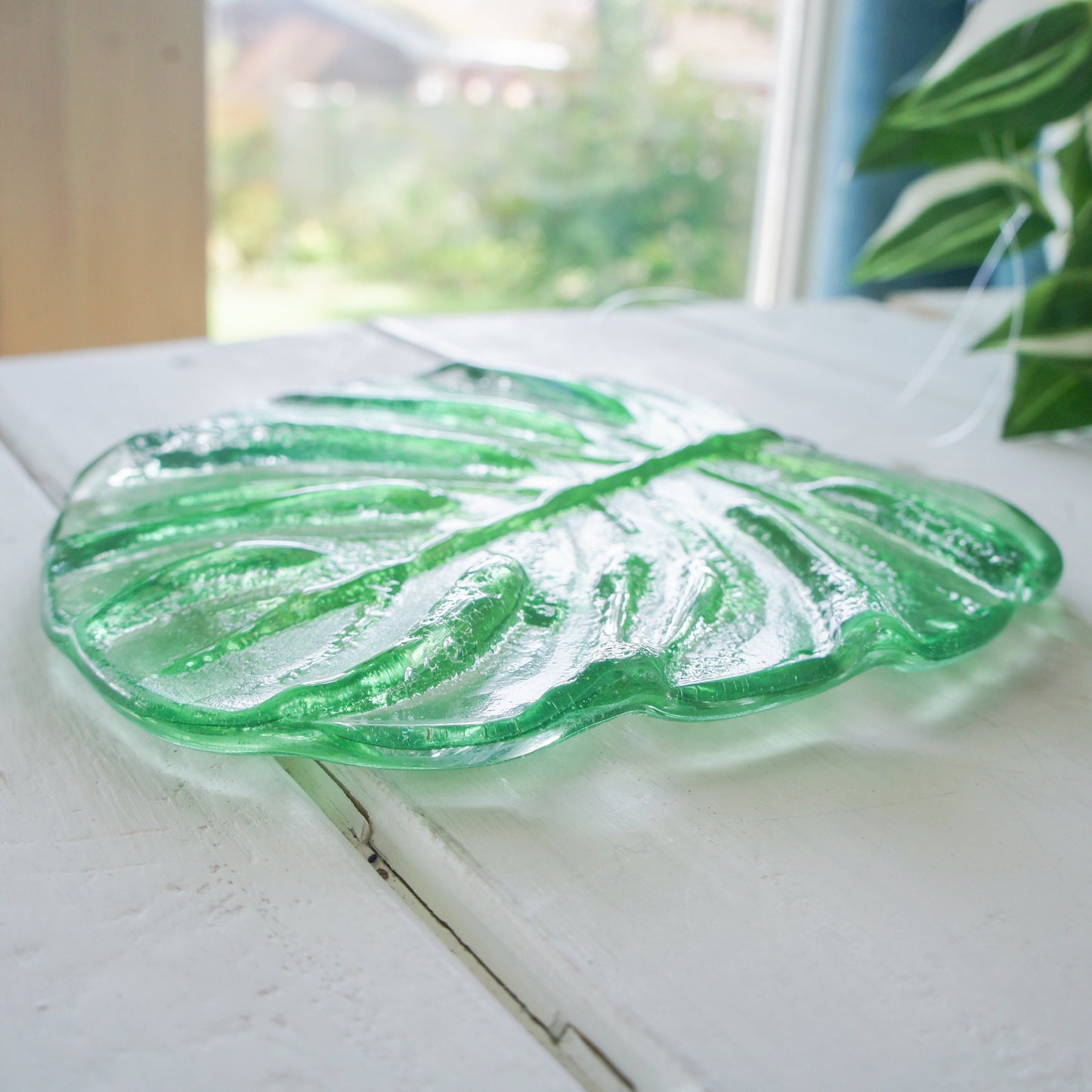 hanging ornament variegated monstera garden decor outdoor decor yard art glass Monstera Leaf Glass Sun catcher fused glass first home gift couples gift sea glass art green suncatcher botanical leaf print