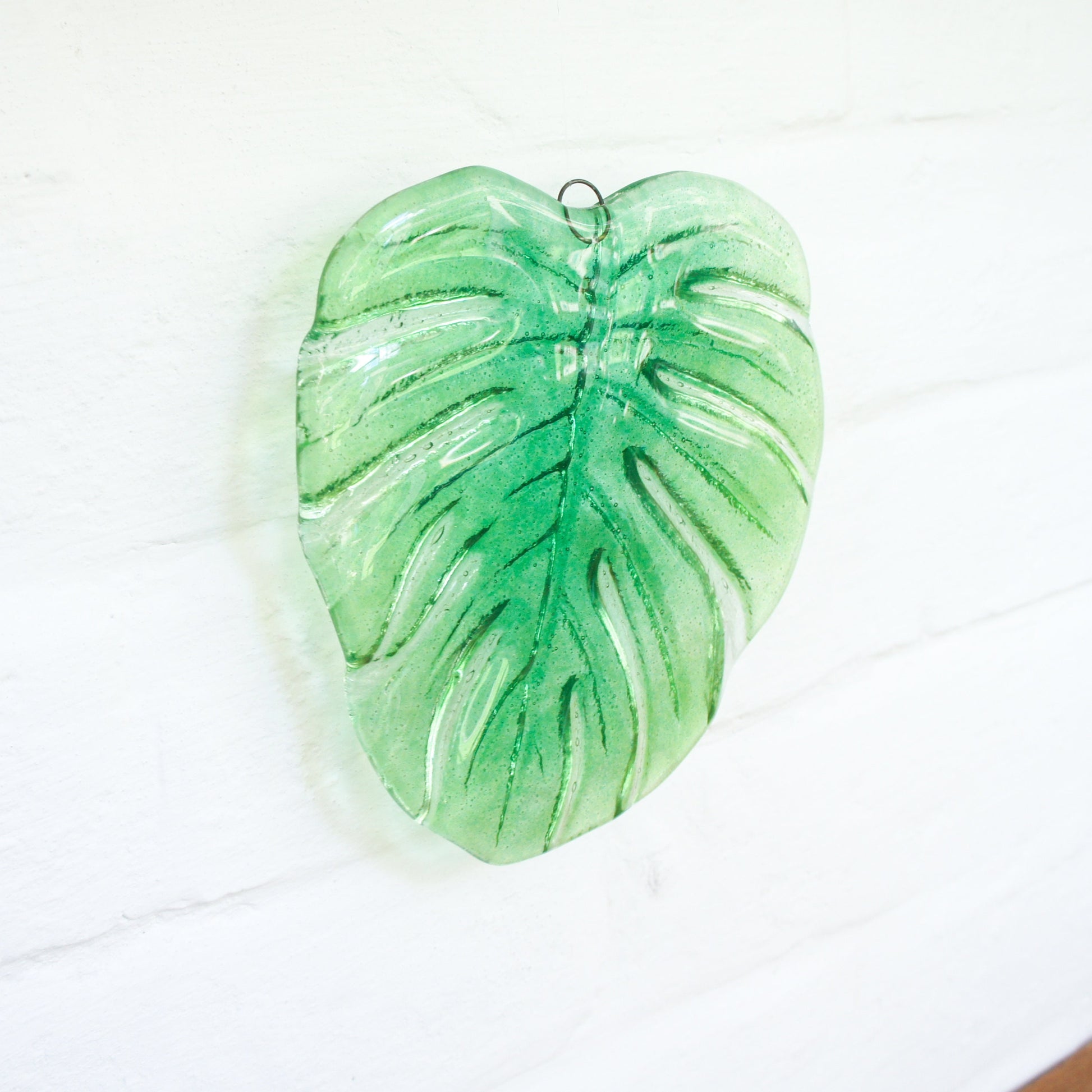 hanging ornament variegated monstera garden decor outdoor decor yard art glass Monstera Leaf Glass Sun catcher fused glass first home gift couples gift sea glass art green suncatcher botanical leaf print