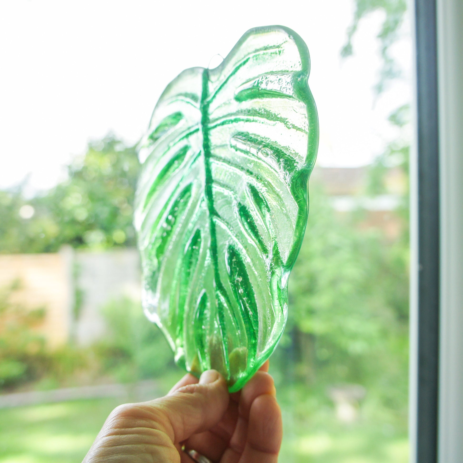 hanging ornament variegated monstera garden decor outdoor decor yard art glass Monstera Leaf Glass Sun catcher fused glass first home gift couples gift sea glass art green suncatcher botanical leaf print