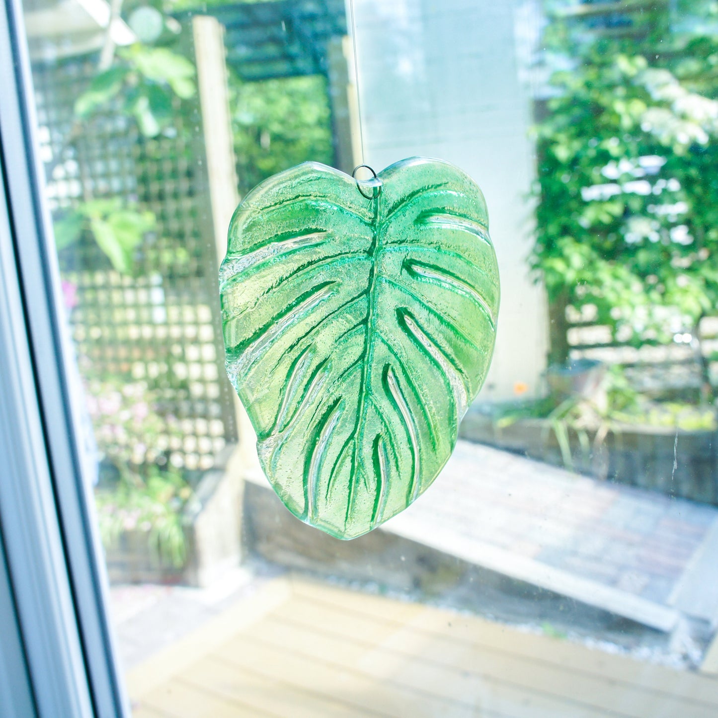 hanging ornament variegated monstera garden decor outdoor decor yard art glass Monstera Leaf Glass Sun catcher fused glass first home gift couples gift sea glass art green suncatcher botanical leaf print