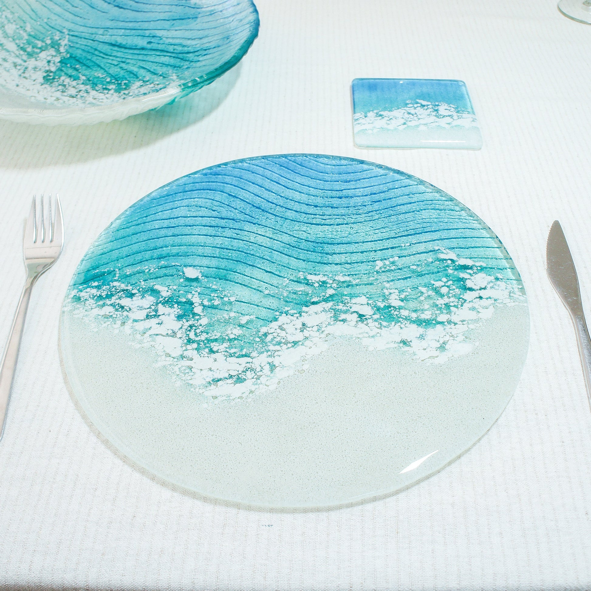 Coasters Set handmade dinner set dinner service wedding gift fused glass placemat coaster set hosting decor housewarming gift first home gift table protector coastal dinnerware turquoise placemats glass tablemats