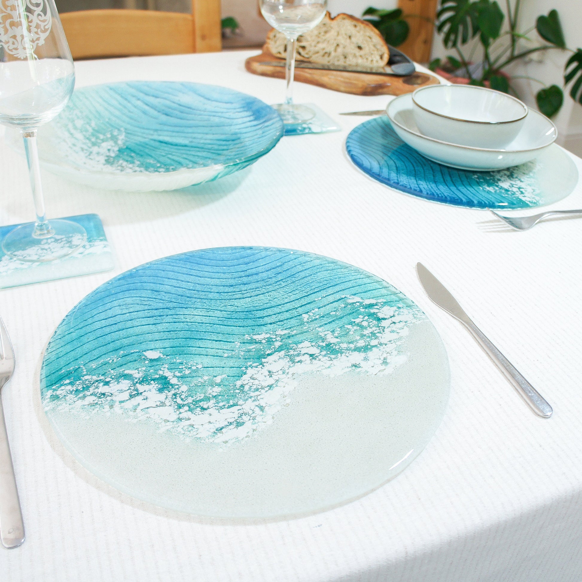 Coasters Set handmade dinner set dinner service wedding gift fused glass placemat coaster set hosting decor housewarming gift first home gift table protector coastal dinnerware turquoise placemats glass tablemats