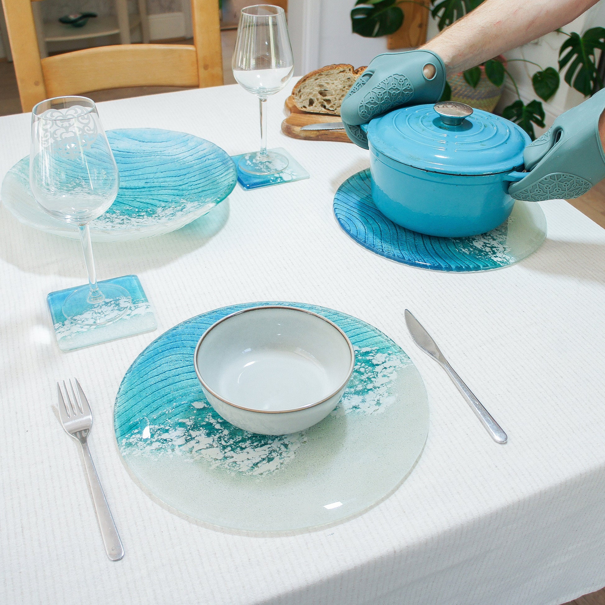 Coasters Set handmade dinner set dinner service wedding gift fused glass placemat coaster set hosting decor housewarming gift first home gift table protector coastal dinnerware turquoise placemats glass tablemats