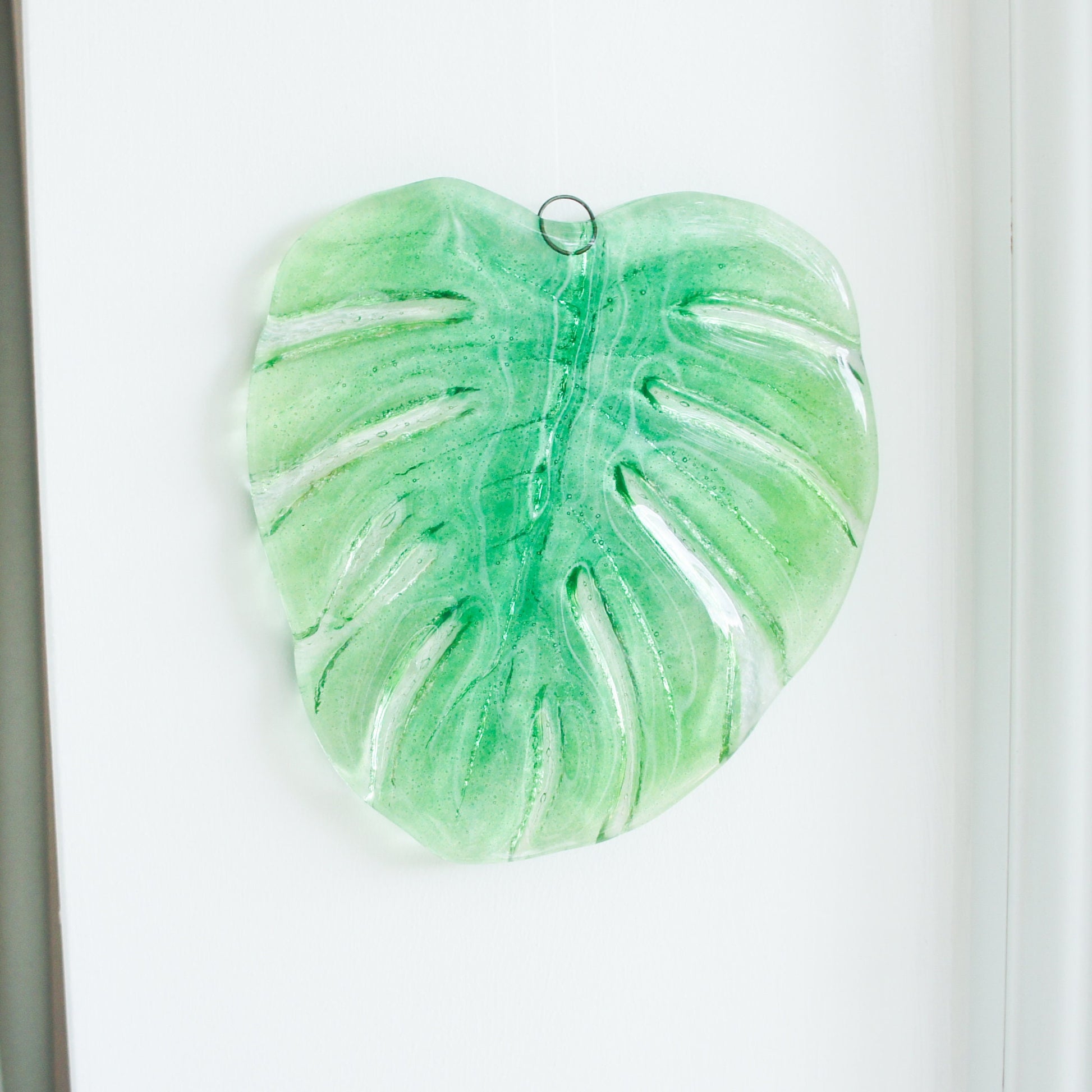 hanging ornament variegated monstera garden decor outdoor decor yard art glass Monstera Leaf Glass Sun catcher fused glass first home gift couples gift sea glass art green suncatcher botanical leaf print