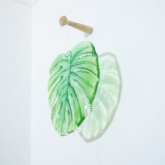 hanging ornament variegated monstera garden decor outdoor decor yard art glass Monstera Leaf Glass Sun catcher fused glass first home gift couples gift sea glass art green suncatcher botanical leaf print