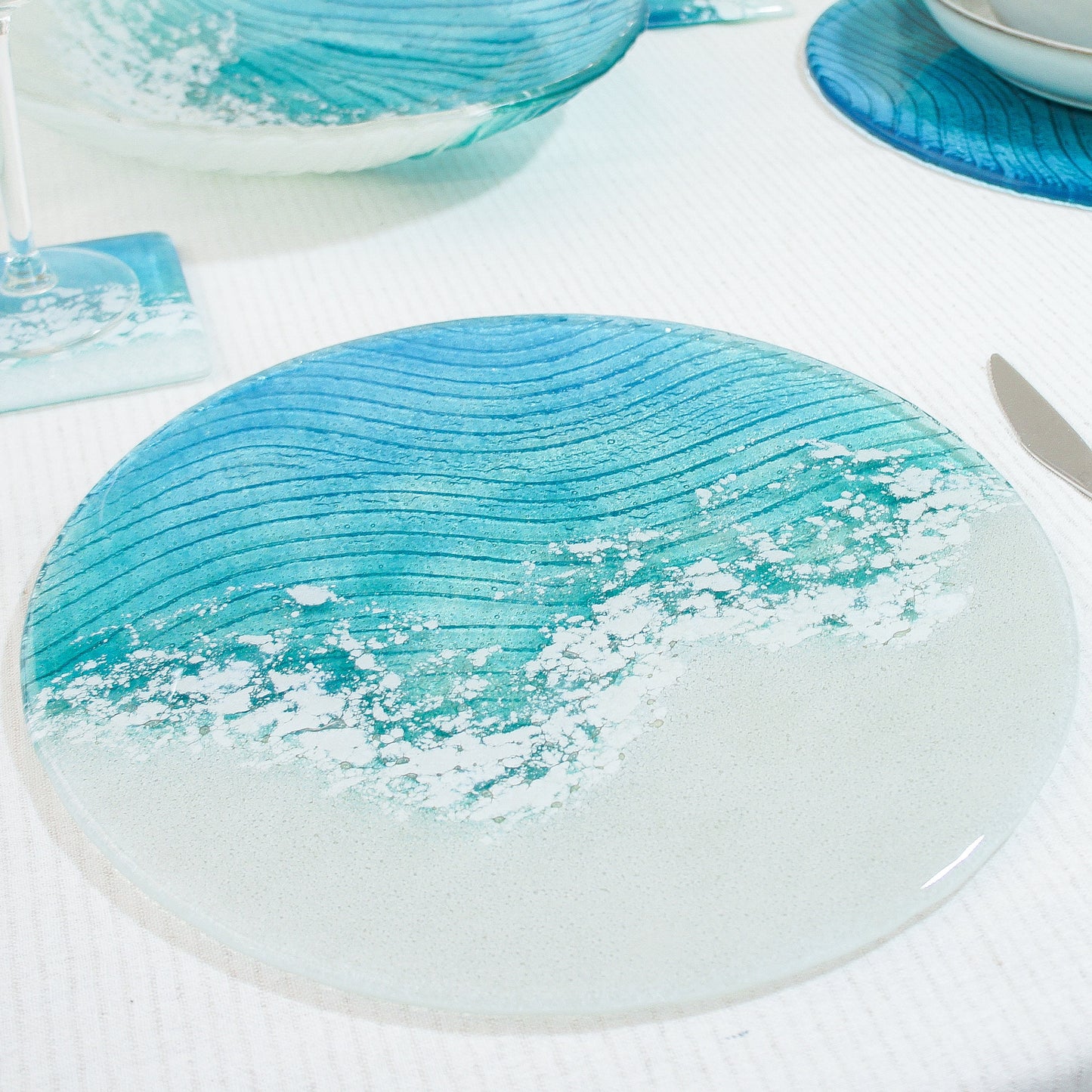 Coasters Set handmade dinner set dinner service wedding gift fused glass placemat coaster set hosting decor housewarming gift first home gift table protector coastal dinnerware turquoise placemats glass tablemats