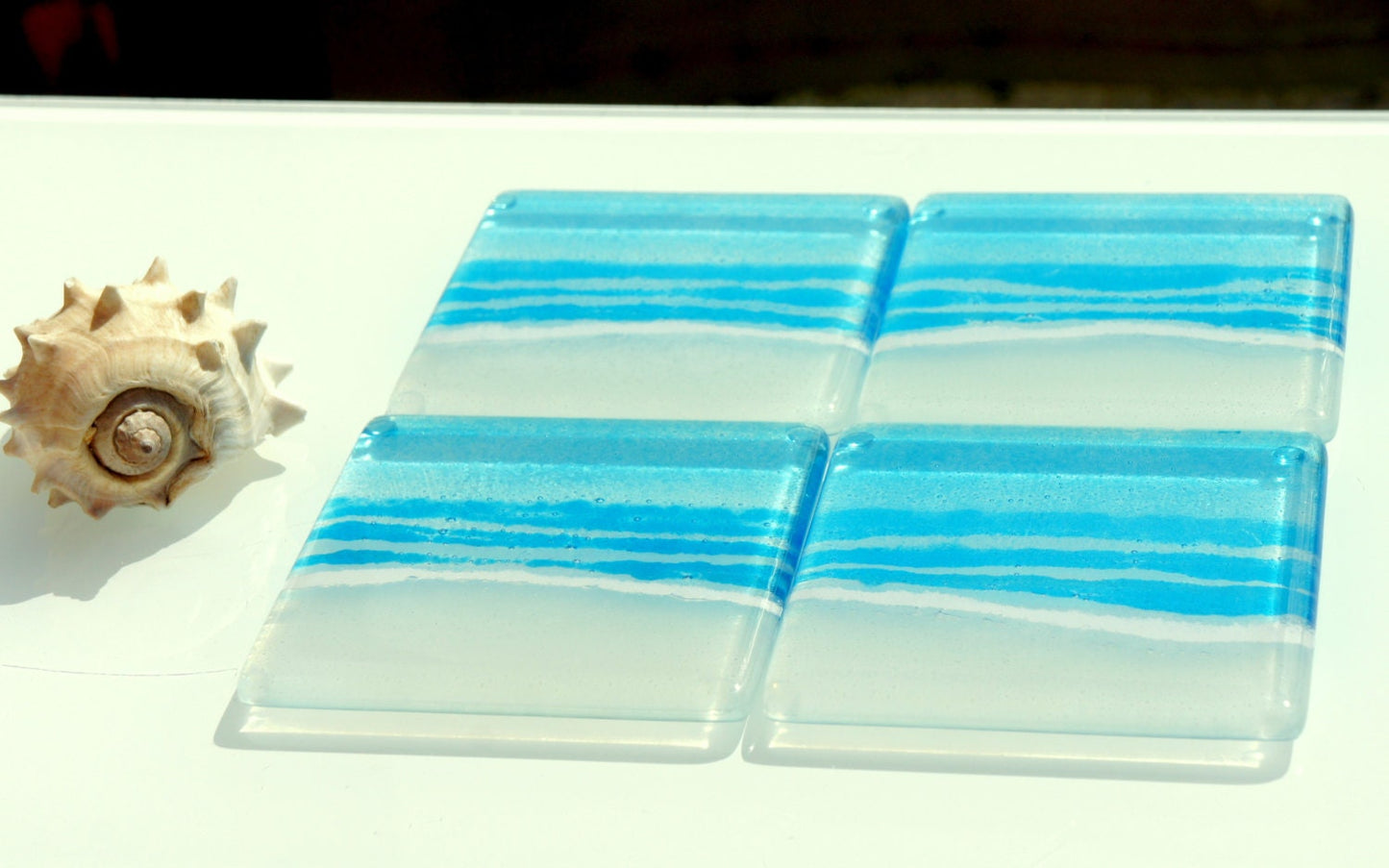 1 Blue Beach Glass Coaster, 1 fused glass coaster 10cmx10cm(4"), sea glass coaster, tile coaster, matt adkins, single coaster gift