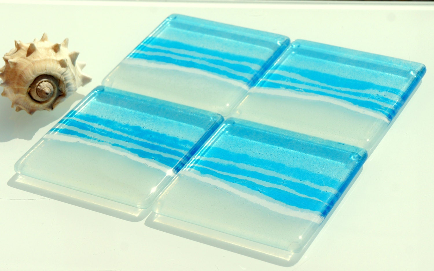 1 Blue Beach Glass Coaster, 1 fused glass coaster 10cmx10cm(4"), sea glass coaster, tile coaster, matt adkins, single coaster gift