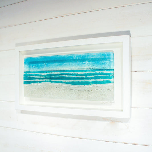 Landscape Beach Frame (45cmx25cm/18x10"), Panoramic Turquoise Teal Beach Fused Glass Wall Art, framed wall art, panoramic wall art