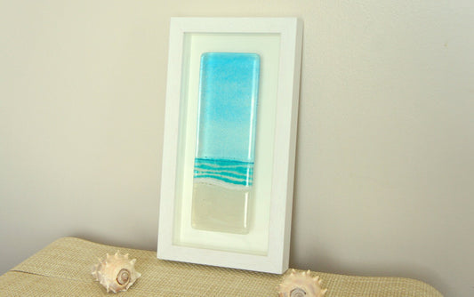 Turquoise Portrait Beach Fused Glass Frame 18x34cm(13x7"), Seascape Glass Framed Picture, fused glass wall art, coastal artwork