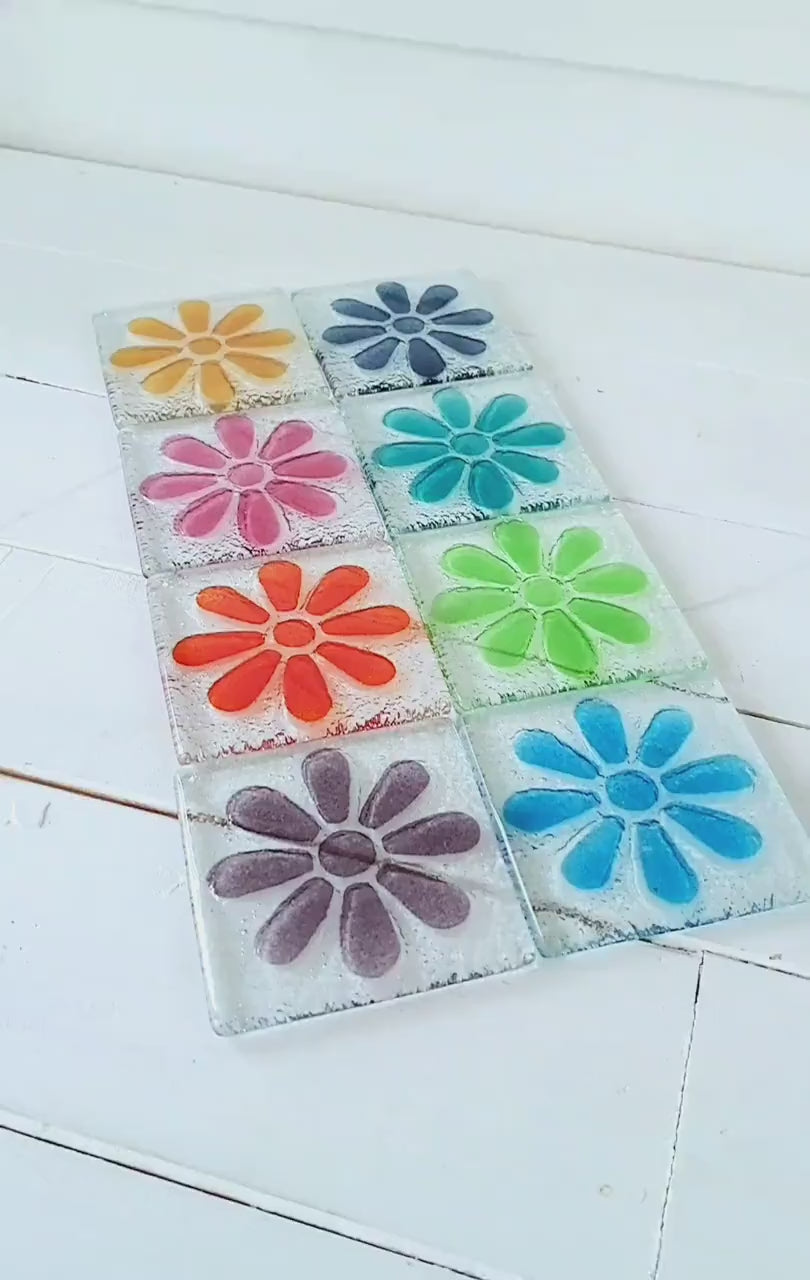 2 Daisy Glass Coasters, Choose the colours, fused glass flower coasters, sea glass daisy coasters, fused glass tableware, matt adkins