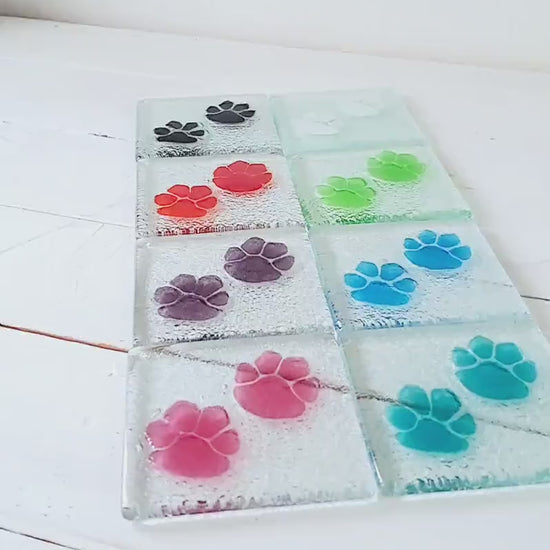 6 Paw Coasters, Choose colours, fused glass coasters, paw print coasters, paw fused glass coasters