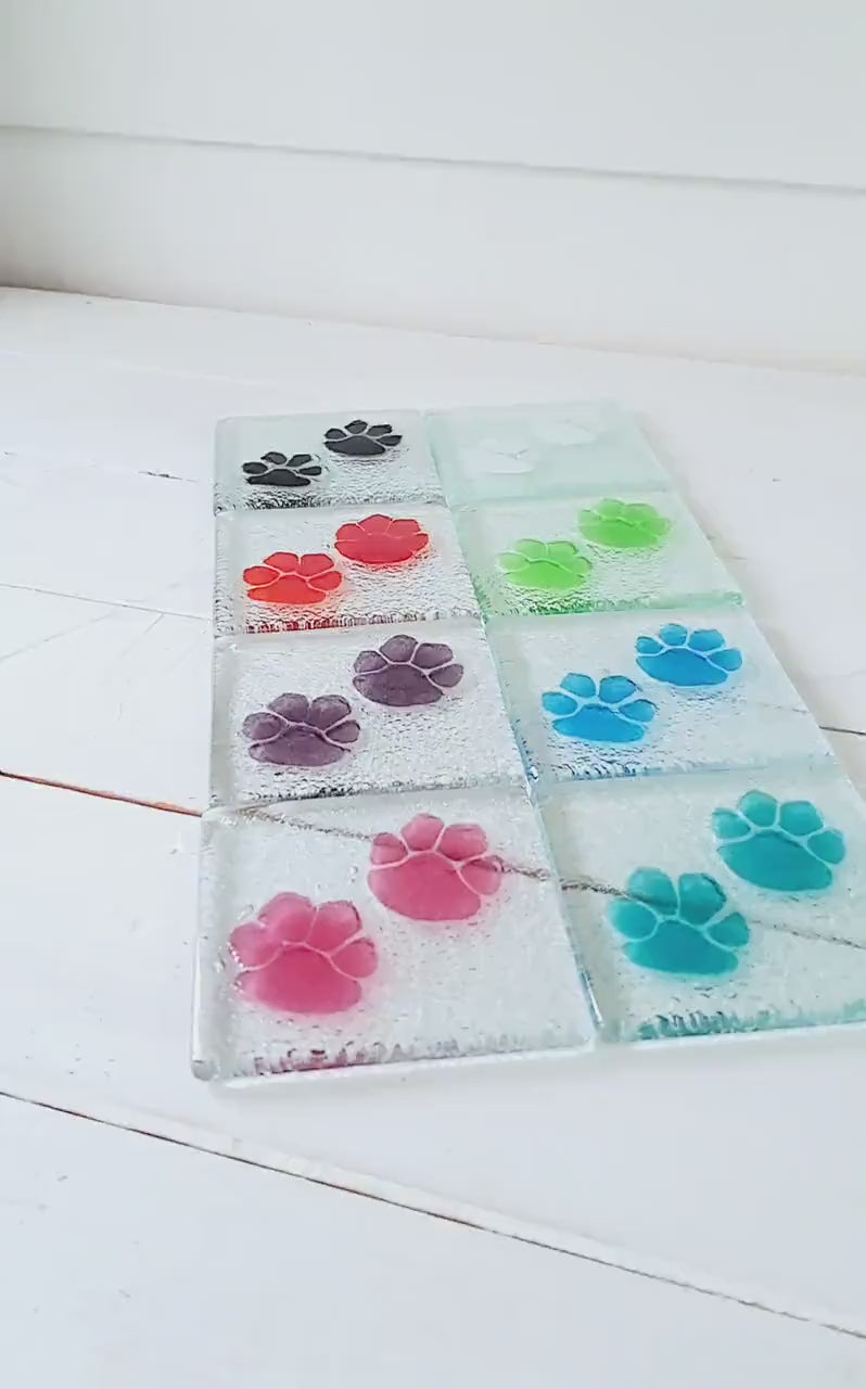 6 Paw Coasters, Choose colours, fused glass coasters, paw print coasters, paw fused glass coasters