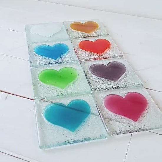 set of 6 Heart Coasters, Set of 6 Choose the colours, heart fused glass coasters, heart coasters, heart tableware, matt adkins