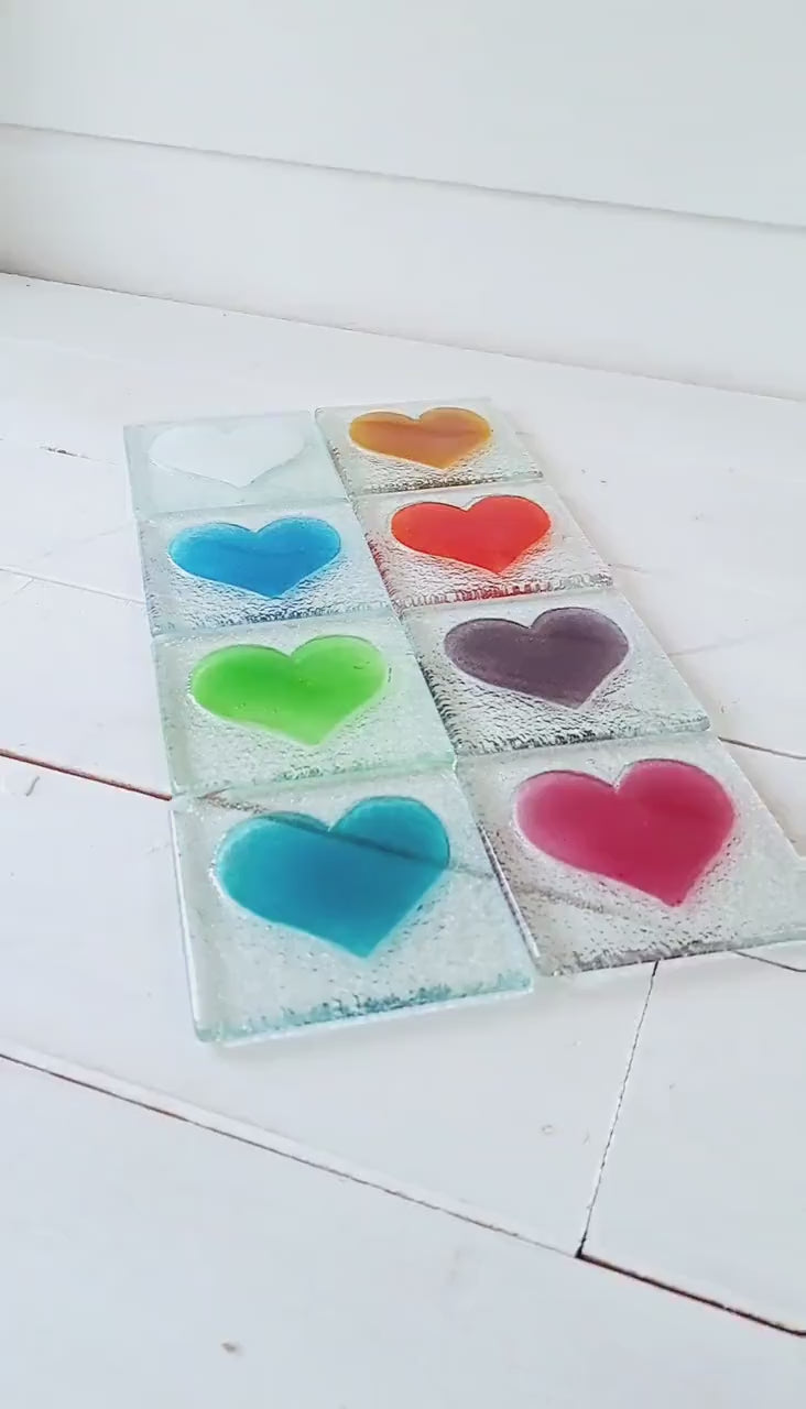 set of 6 Heart Coasters, Set of 6 Choose the colours, heart fused glass coasters, heart coasters, heart tableware, matt adkins